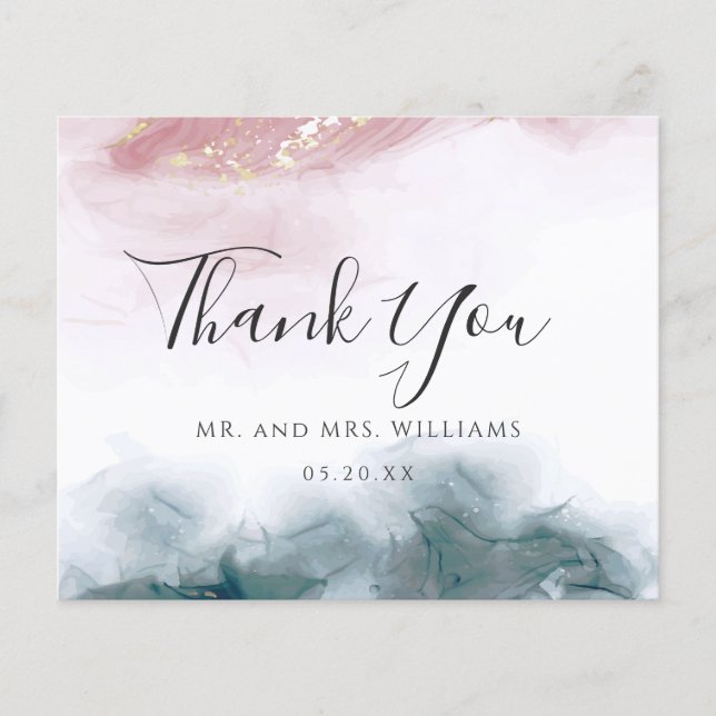 Elegant AlcoholInk Blush Blue Watercolor Thank You (Front)