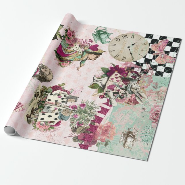 Elegant Alice in Wonderland Pink Wrapping Paper (Unrolled)