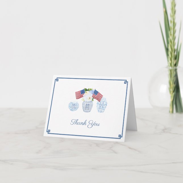 Elegant All-American Red White Blue Ginger Jar Thank You Card (Front)