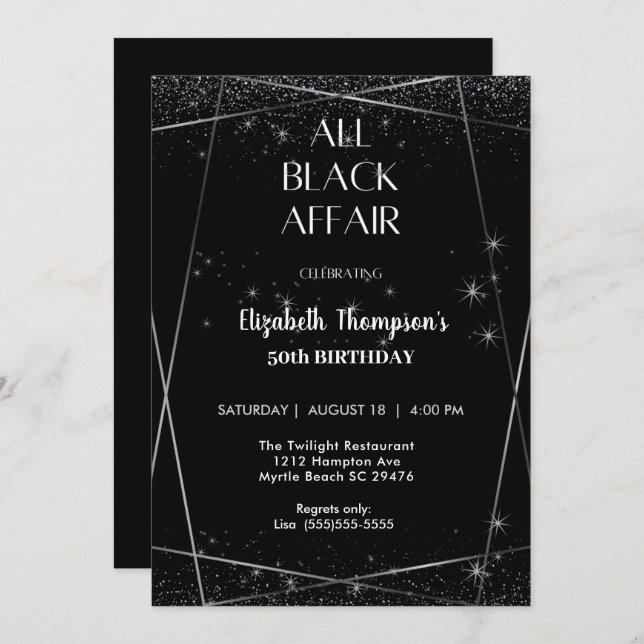 Elegant All Black Affair 50th Birthday Celebration Invitation (Front/Back)