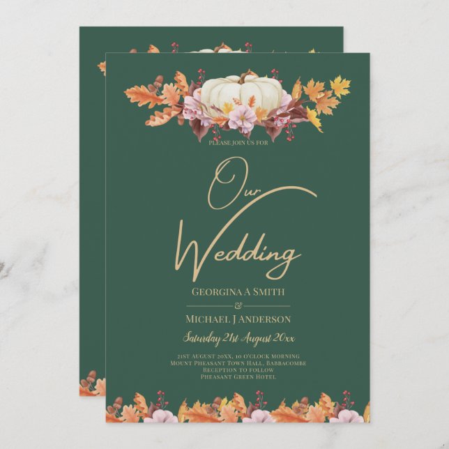 ELEGANT All-in-1 Fall Pumpkin Green Gold Wedding Invitation (Front/Back)