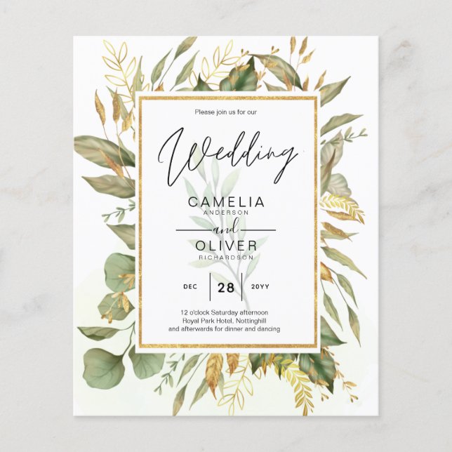 Elegant All-in-1 Greenery Gold Leaves  Wedding Flyer (Front)