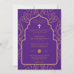 Elegant All-in-1 Purple Gold Catholic Wedding Invitation
