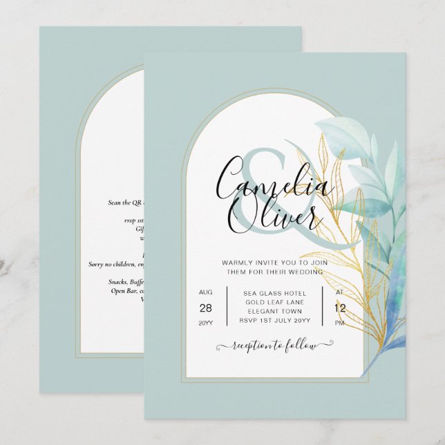ELEGANT All-in-1 Sea Glass Gold Leaf Sage Wedding Invitation (Front/Back)