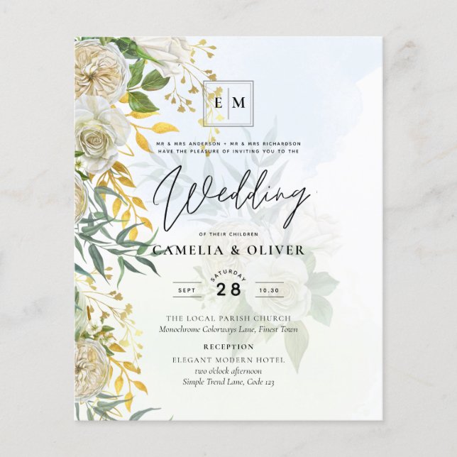 Elegant All-in-1 White Roses Botanical Wedding Flyer (Front)