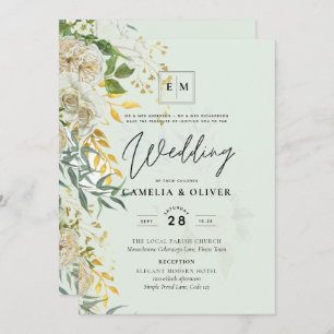 Elegant All-in-1 White Roses Botanical Wedding Inv Invitation