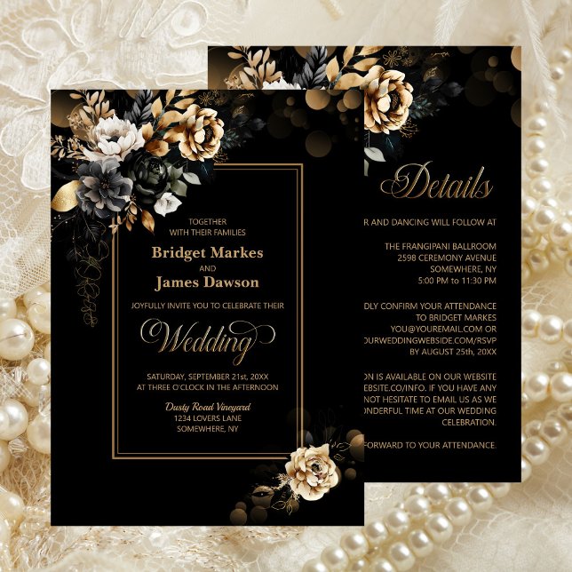 Elegant All In One Black Gold Floral Wedding Invitation (Creator Uploaded)