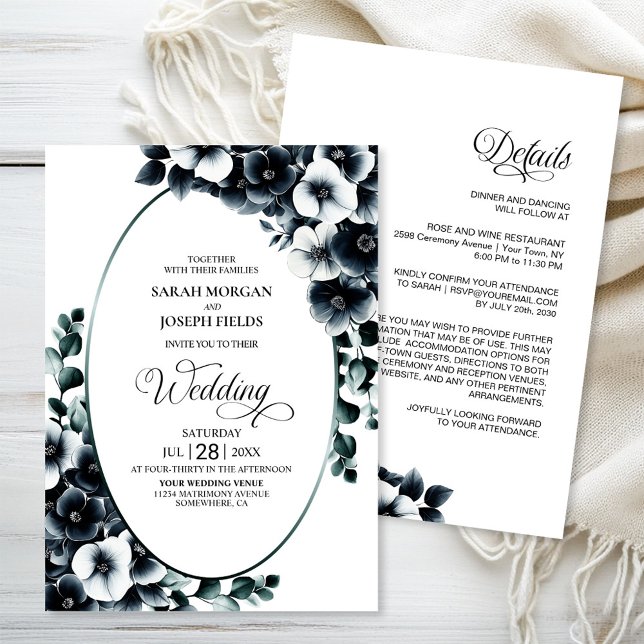 Elegant All in One Black White Floral Wedding Invitation (Creator Uploaded)