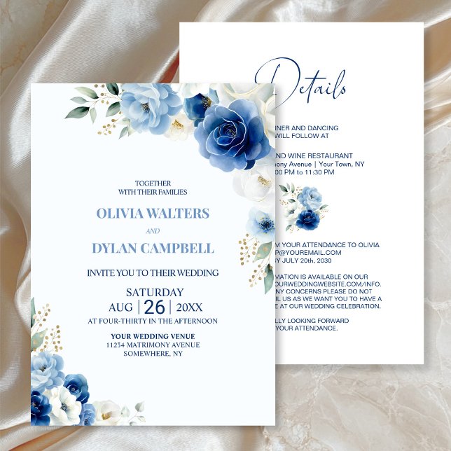 Elegant All in One Blue Floral Wedding Invitation (Creator Uploaded)