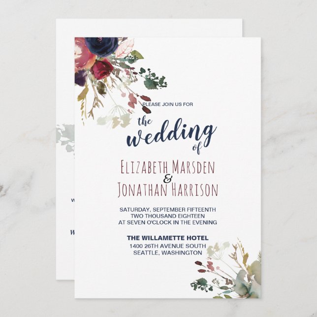 Elegant All In One Burgundy Navy Rose Gold Wedding Invitation (Front/Back)