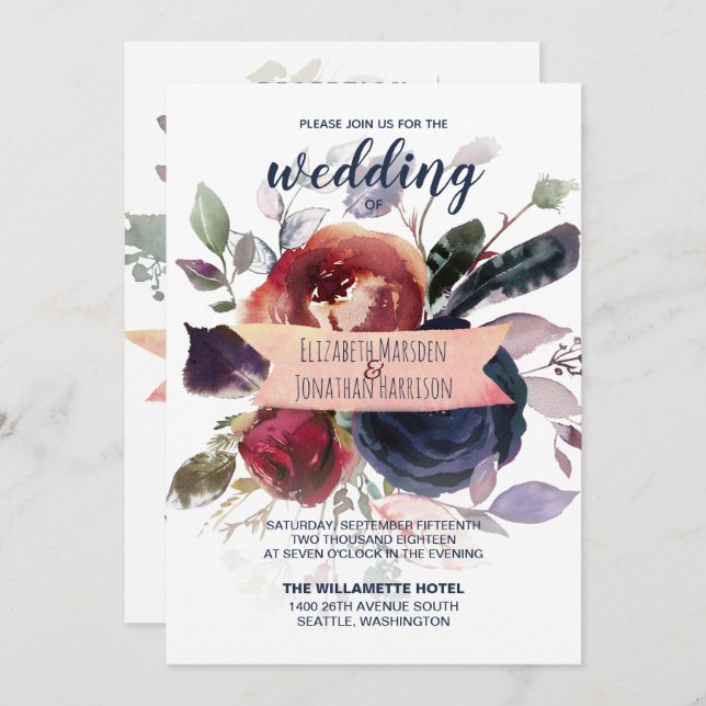 Elegant All In One Burgundy Navy Rose Gold Wedding Invitation (Front/Back)