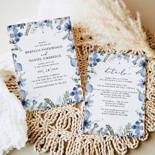 Elegant All in One Dusty Blue Flowers Wedding Invitation