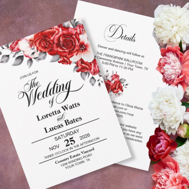 Elegant All In One Red Rose Floral Wedding Invitation (Creator Uploaded)