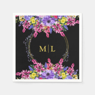 Elegant All Occasion Monogram Black Multi Floral Napkin