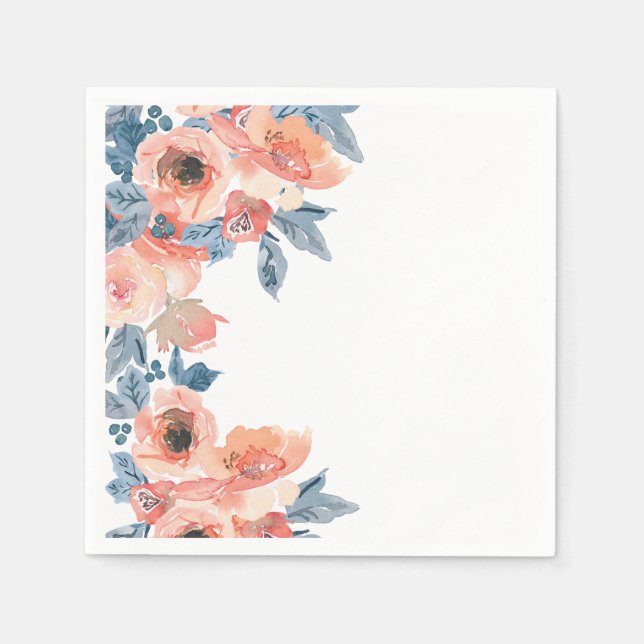 Elegant All Occasion Peach and Blue Roses Floral Napkin (Front)