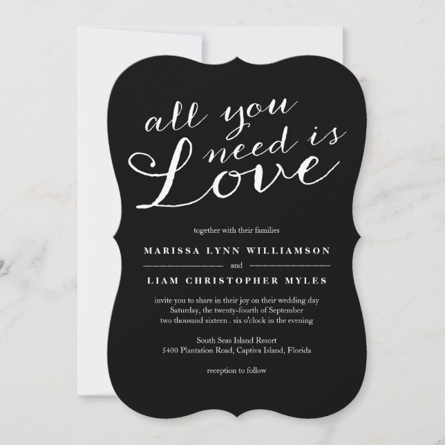Elegant All You Need Is Love Black Wedding Invitation (Front)
