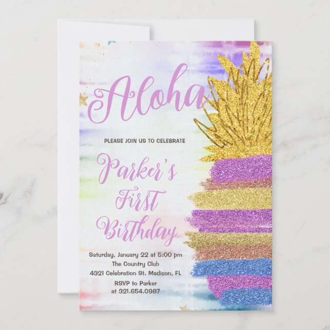Elegant Aloha Purple Rainbow Pineapple Birthday Invitation (Front)