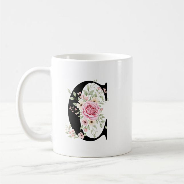 Elegant Alphabet Coffee Cup with Pink Rose Design (Left)