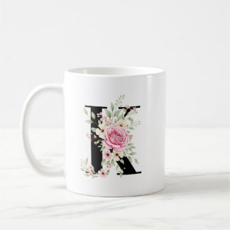 Elegant Alphabet Coffee Cup with Pink Rose Design