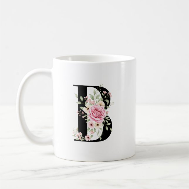 Elegant Alphabet Coffee Cup with Pink Rose Design (Left)