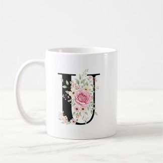 Elegant Alphabet Coffee Cup with Pink Rose Design