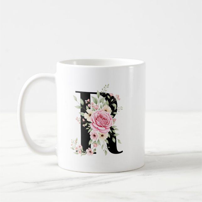 Elegant Alphabet Coffee Cup with Pink Rose Design (Left)