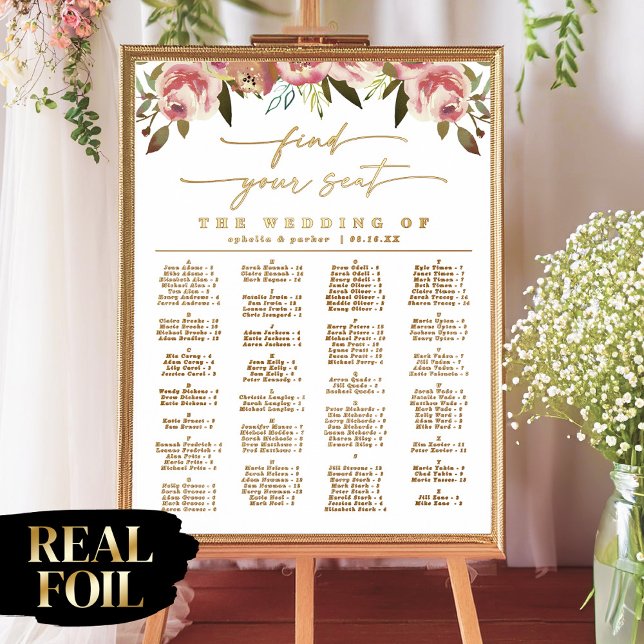 Elegant Alphabetical Seating Chart With Real Gold (Say "I DO" to Romantic Watercolor Florals and a Cottagecore Vibe with the Ophelia Wedding Suite.)