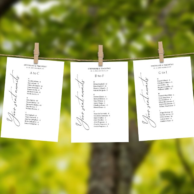 Elegant Alphabetical Wedding Seating Chart Card (Convenient and organized wedding seating chart with alphabetical name arrangement.)
