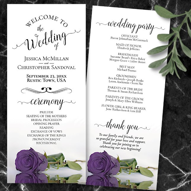 Elegant Amethyst Purple Rose Romantic Wedding Programme (Front and Back)