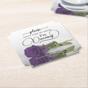 Elegant Amethyst Rose Don't Take My Drink Wedding Paper Coaster