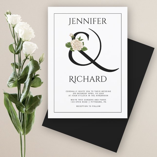 Elegant ampersand and rose black and white wedding invitation (Creator Uploaded)