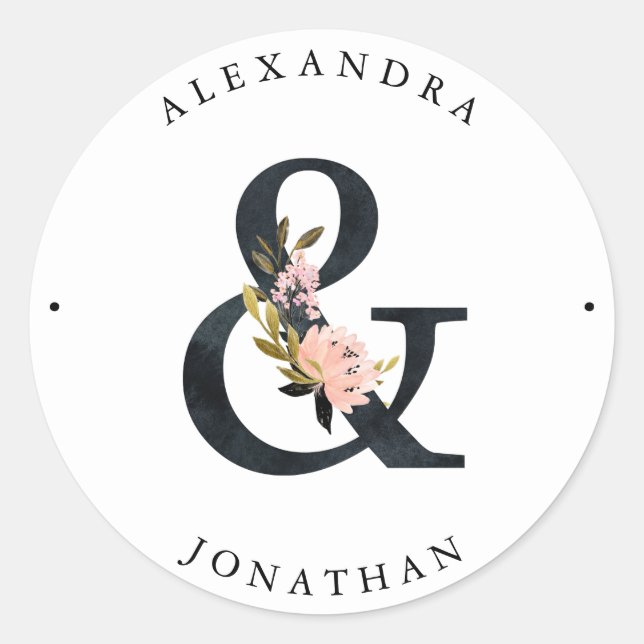 Elegant Ampersand | Black and White Wedding Classic Round Sticker (Front)