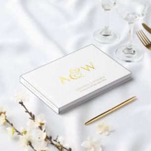 Elegant Ampersand Monogram Gold Foil White Wedding Guest Book