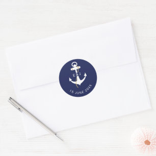 Elegant Anchor Nautical Wedding Initials Classic Round Sticker