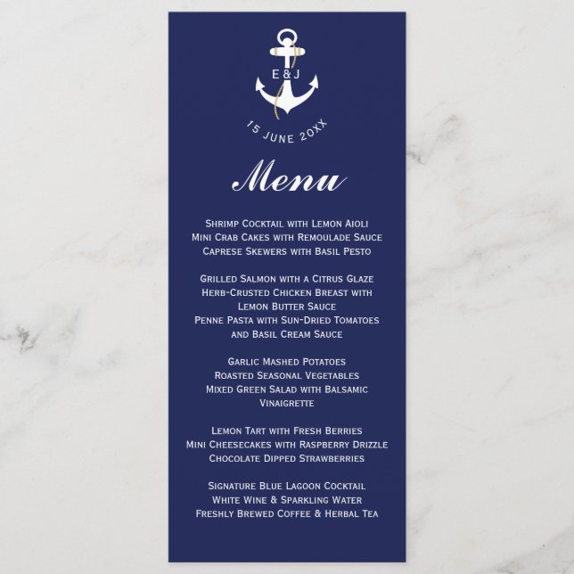 Elegant Anchor Nautical Wedding Initials Menu (Front)