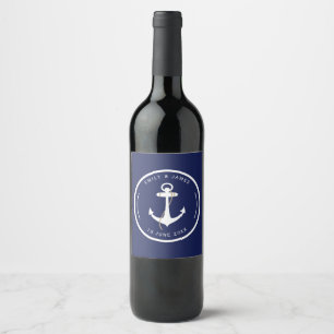 Elegant Anchor Navy & White Nautical Wedding  Wine Label