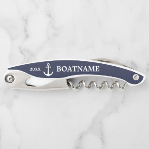 Elegant Anchor White Navy Blue Custom Boat Name Corkscrew