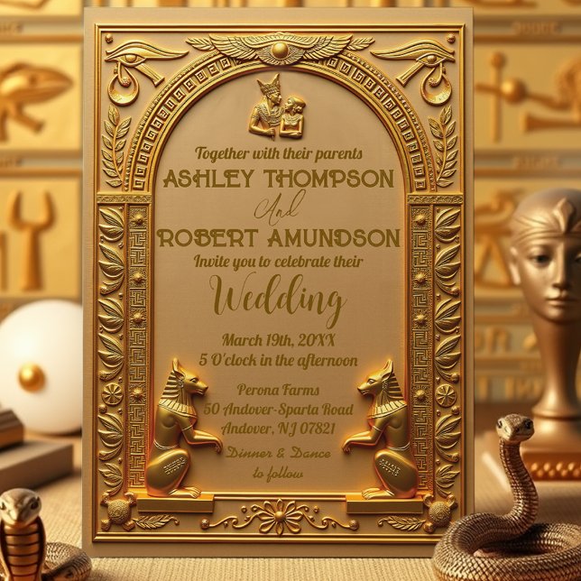 Elegant Ancient Egyptian Gold Wedding Invitation (Royal Ancient Egypt Wedding  Invitation Template)