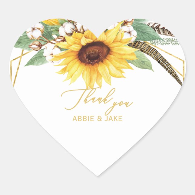Elegant and Cheerful Sunflower Feather Wedding Heart Sticker (Front)