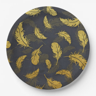 Elegant And Chic Black And Gold Feather Pattern Paper Plate
