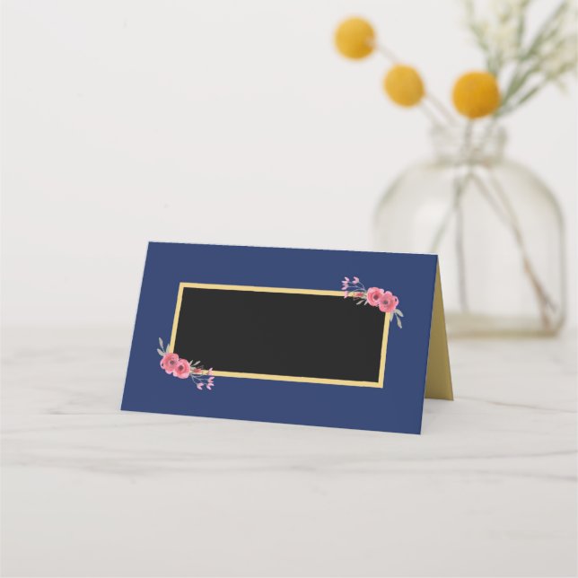 Elegant and Chic Blue with Watercolor Flowers Place Card (Front)