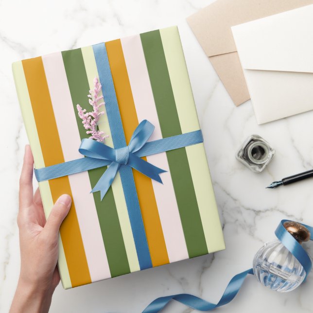 Elegant and Chic Warm Green, Pink and Gold Stripes Wrapping Paper (Gifting)