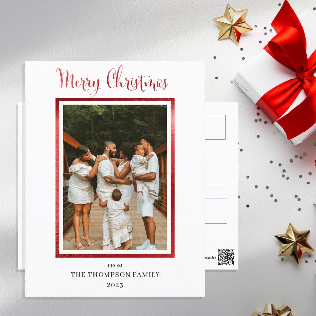 Elegant and Classy Faux Foil Photo Merry Christmas Holiday Postcard (Classy and elegant red and White Faux Foil, Single Photo "Merry Christmas" with back message design.)
