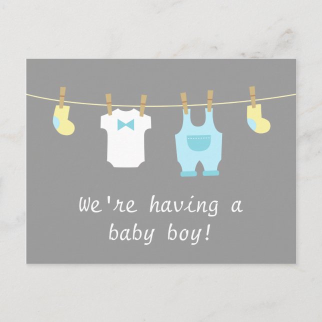 Elegant and Cute Baby Boy Clothes Announcement Postcard (Front)