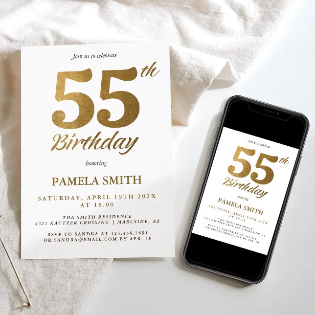 Elegant and luxury classic faux gold 55th birthday invitation (Creator Uploaded)