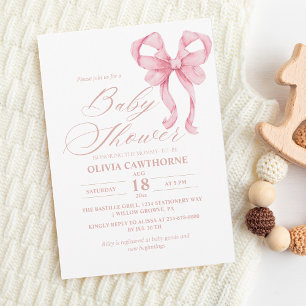 Elegant  and minimalist Pink Bow Baby Shower Invitation
