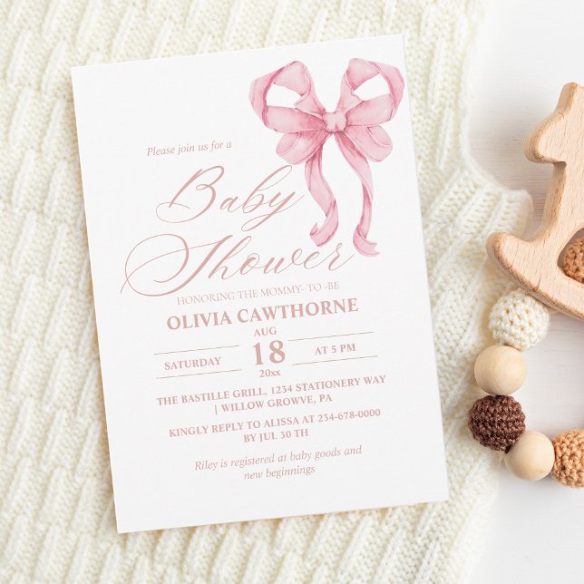 Elegant  and minimalist Pink Bow Baby Shower Invitation (Creator Uploaded)