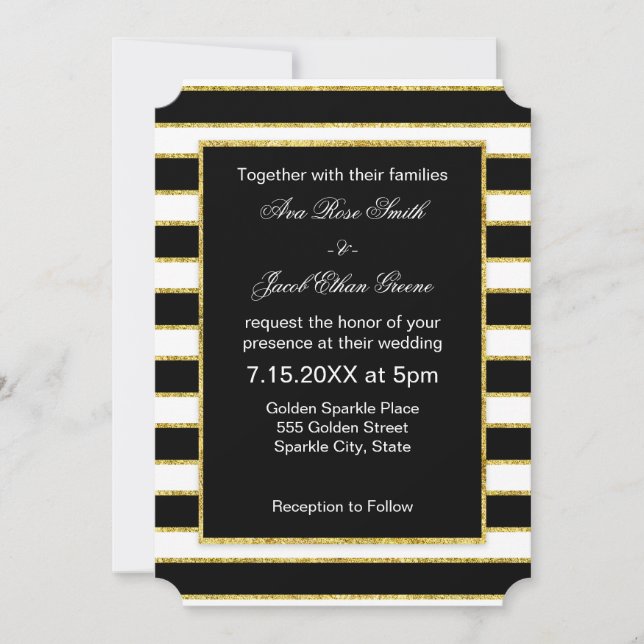Elegant and Modern Black, White, Faux Gold Stripes Invitation (Front)