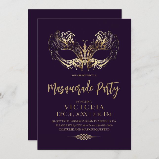 Elegant and Modern Gold Masquerade Party Birthday Invitation (Front/Back)