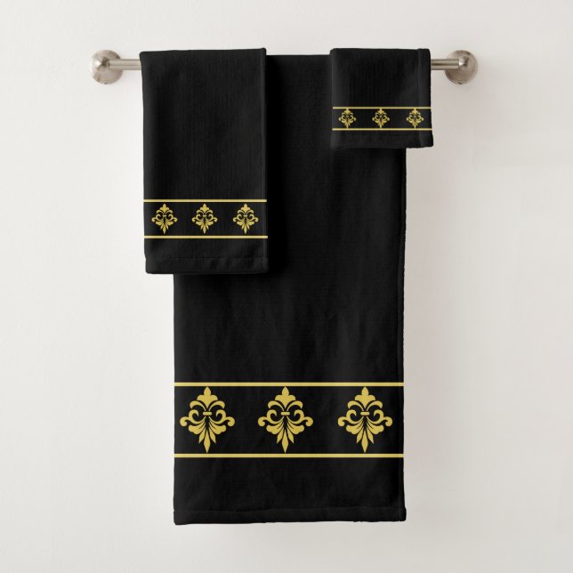 Elegant and Modern Golden Flowers on Black Bath Towel Set (Insitu)
